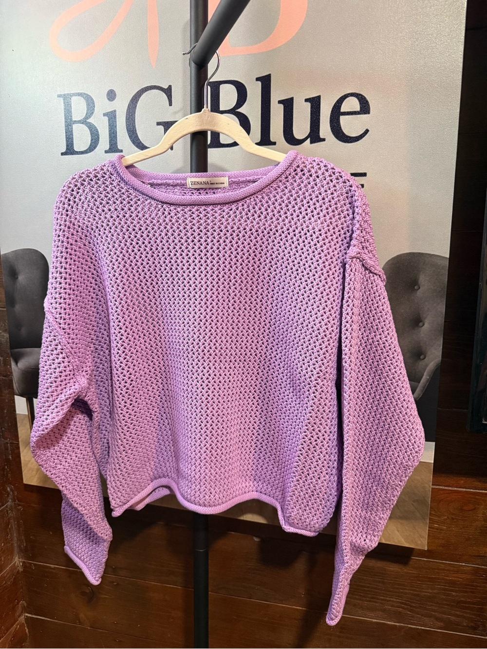 Zenana Lavender Open-Weave Crewneck Sweater